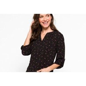 41 HAWTHORN Morey Black Paisley Split Neck Floral Popover 3/4 Sleeve Blouse - L